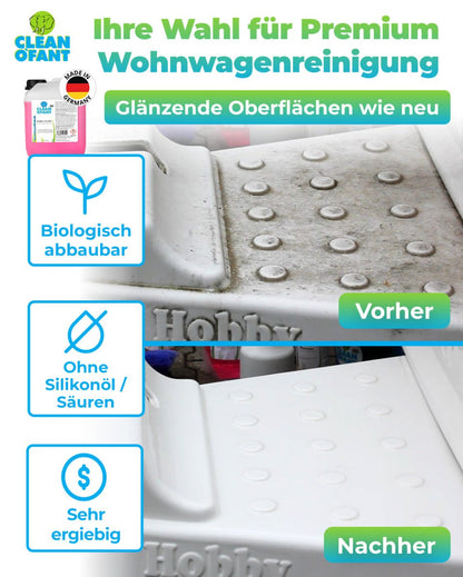 Außen - SAUBER 2,3 Liter (Wohnwagenreiniger / Wohnmobilreiniger) - entfernt schwarze Streifen, Insekten, Straßen - & Umweltschmutz, Vermoosungen uvm. - CLEANOFANT