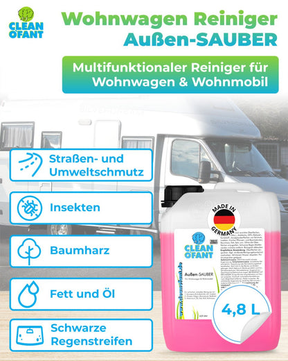 Außen - SAUBER 4,8 Liter Caravan Wohnwagen Wohnmobil Reiniger - entfernt schwarze Streifen, Insekten, Straßen - & Umweltschmutz, Vermoosungen uvm. - CLEANOFANT