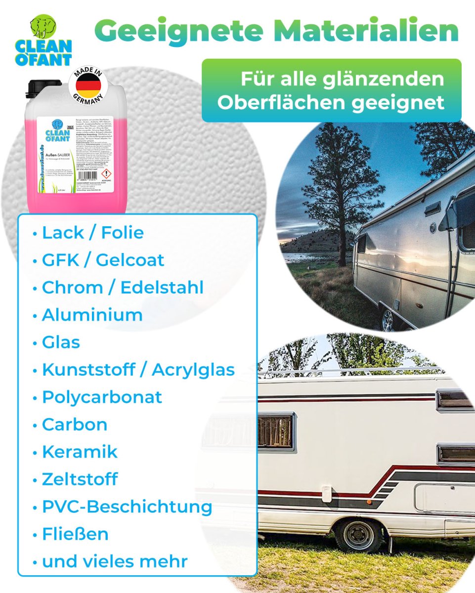 Außen - SAUBER 4,8 Liter Caravan Wohnwagen Wohnmobil Reiniger - entfernt schwarze Streifen, Insekten, Straßen - & Umweltschmutz, Vermoosungen uvm. - CLEANOFANT