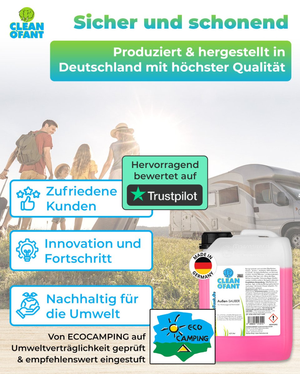 Außen - SAUBER 4,8 Liter Caravan Wohnwagen Wohnmobil Reiniger - entfernt schwarze Streifen, Insekten, Straßen - & Umweltschmutz, Vermoosungen uvm. - CLEANOFANT