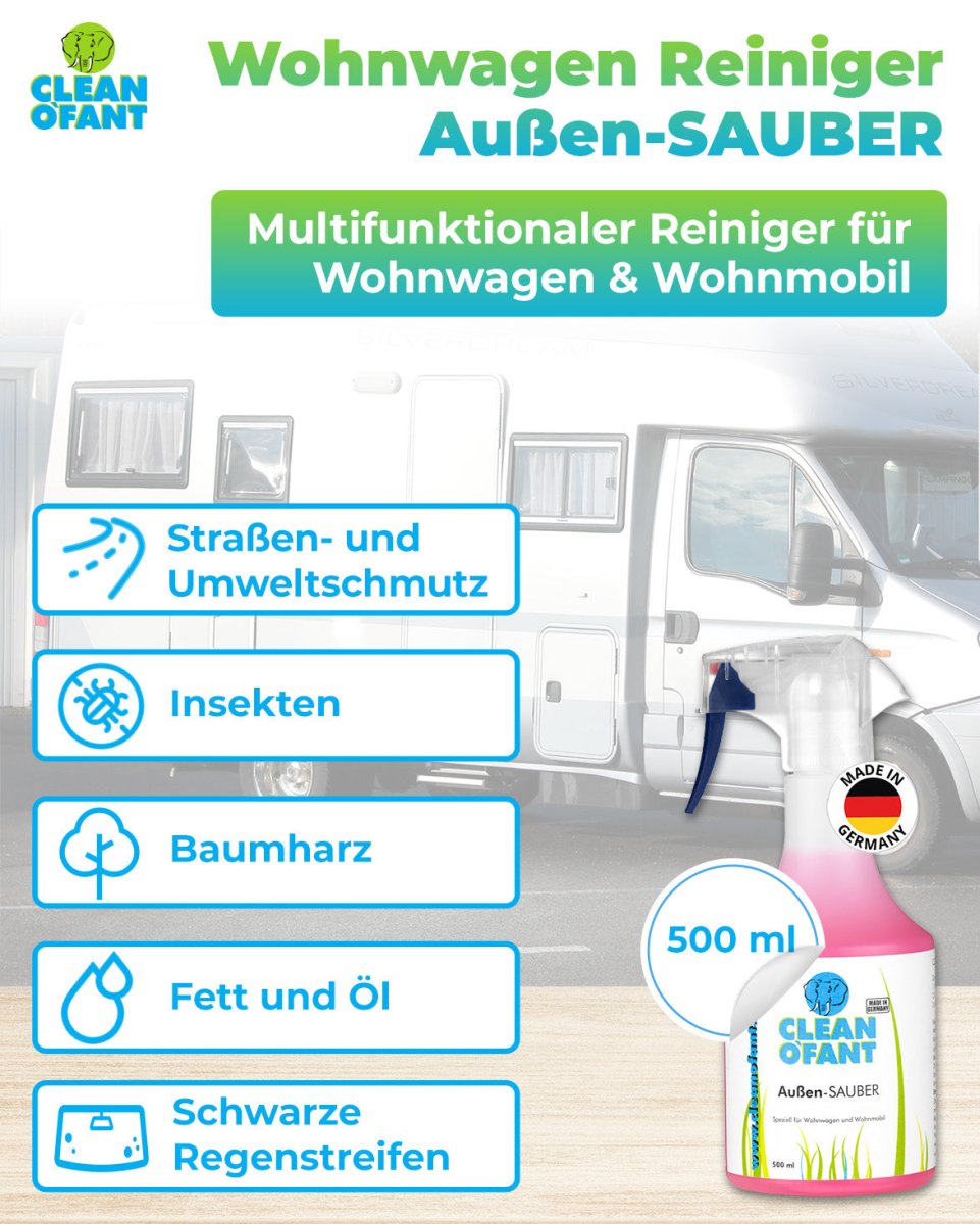 Außen - SAUBER 500 ml (Wohnwagenreiniger / Wohnmobilreiniger) - entfernt schwarze Streifen, Insekten, Straßen - & Umweltschmutz, Vermoosungen uvm. - CLEANOFANT