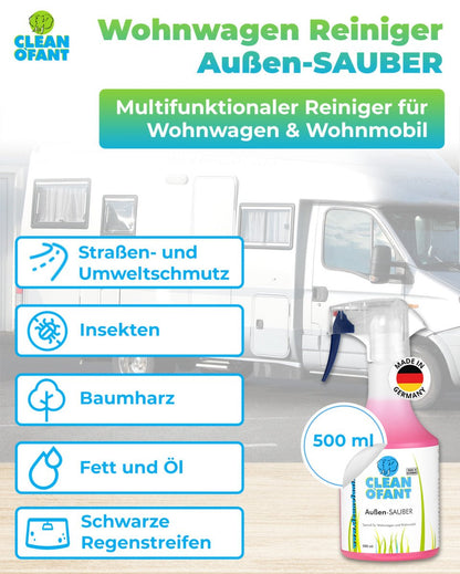 Außen - SAUBER 500 ml (Wohnwagenreiniger / Wohnmobilreiniger) - entfernt schwarze Streifen, Insekten, Straßen - & Umweltschmutz, Vermoosungen uvm. - CLEANOFANT