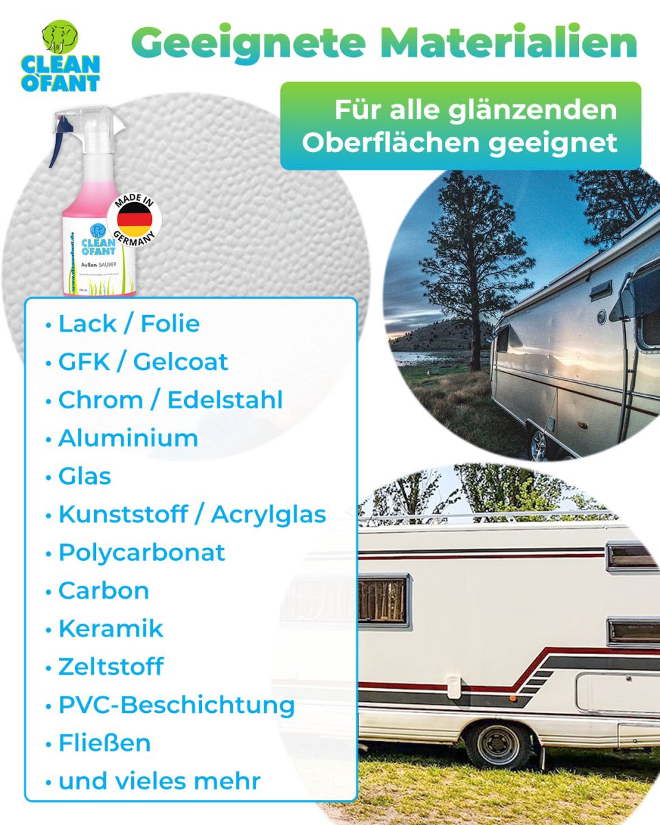Außen - SAUBER 500 ml (Wohnwagenreiniger / Wohnmobilreiniger) - entfernt schwarze Streifen, Insekten, Straßen - & Umweltschmutz, Vermoosungen uvm. - CLEANOFANT