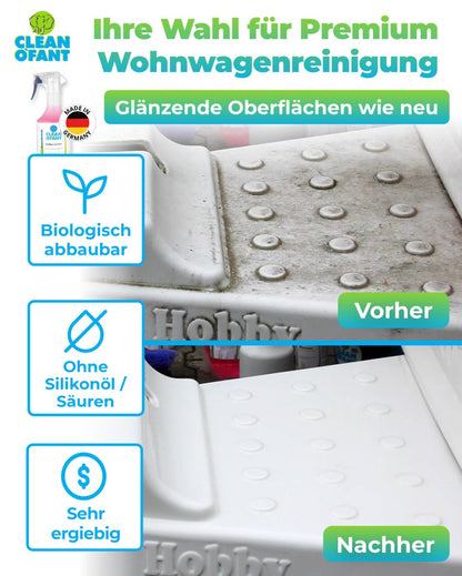 Außen - SAUBER 500 ml (Wohnwagenreiniger / Wohnmobilreiniger) - entfernt schwarze Streifen, Insekten, Straßen - & Umweltschmutz, Vermoosungen uvm. - CLEANOFANT