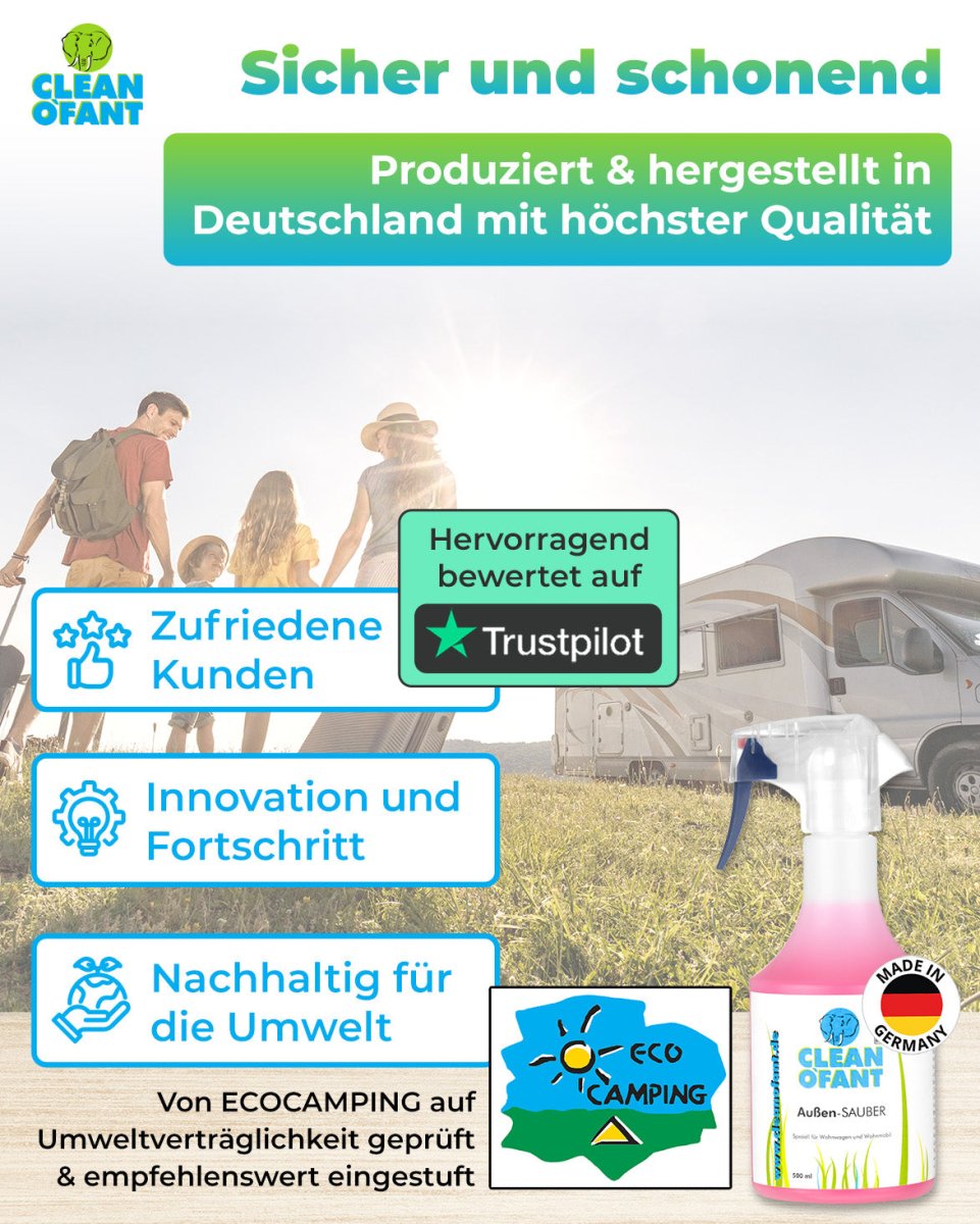Außen - SAUBER 500 ml (Wohnwagenreiniger / Wohnmobilreiniger) - entfernt schwarze Streifen, Insekten, Straßen - & Umweltschmutz, Vermoosungen uvm. - CLEANOFANT