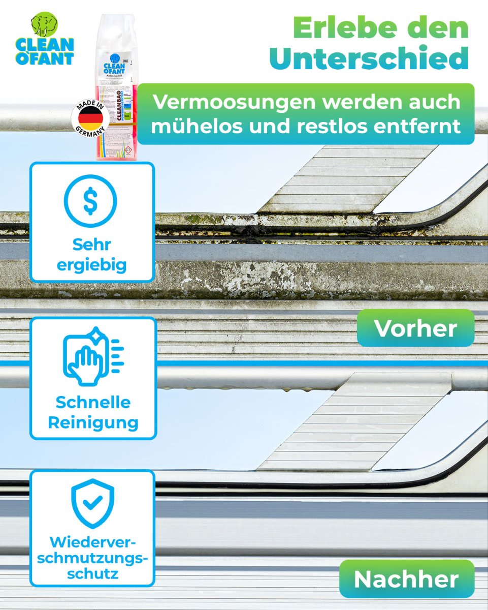 Außen - SAUBER 500 ml Konzentrat im CLEANBAG (Wohnwagenreiniger / Wohnmobilreiniger) - entfernt schwarze Streifen, Insekten, Straßen - & Umweltschmutz, Vermoosungen uvm. - CLEANOFANT