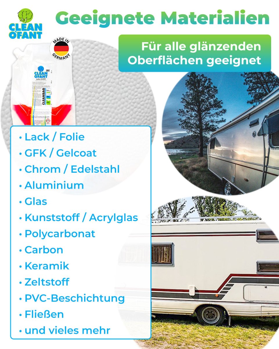 Außen - SAUBER 500 ml Konzentrat im CLEANBAG (Wohnwagenreiniger / Wohnmobilreiniger) - entfernt schwarze Streifen, Insekten, Straßen - & Umweltschmutz, Vermoosungen uvm. - CLEANOFANT