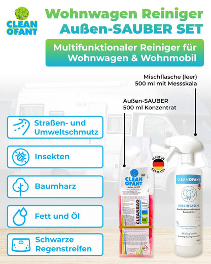 Außen - SAUBER 500 ml Konzentrat im CLEANBAG (Wohnwagenreiniger / Wohnmobilreiniger) + 500 ml Mischflasche - CLEANOFANT
