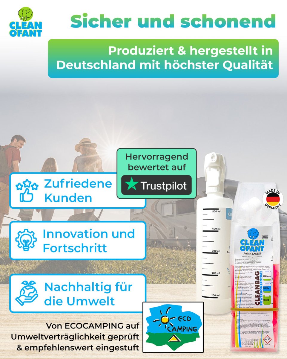 Außen - SAUBER 500 ml Konzentrat im CLEANBAG (Wohnwagenreiniger / Wohnmobilreiniger) + 500 ml Mischflasche - CLEANOFANT