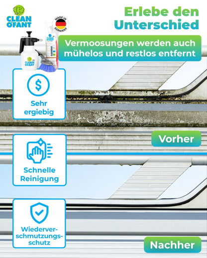 Außen - SAUBER SET (Wohnwagenreiniger / Wohnmobilreiniger) - entfernt schwarze Streifen, Insekten, Straßen - & Umweltschmutz, Vermoosungen uvm. - CLEANOFANT