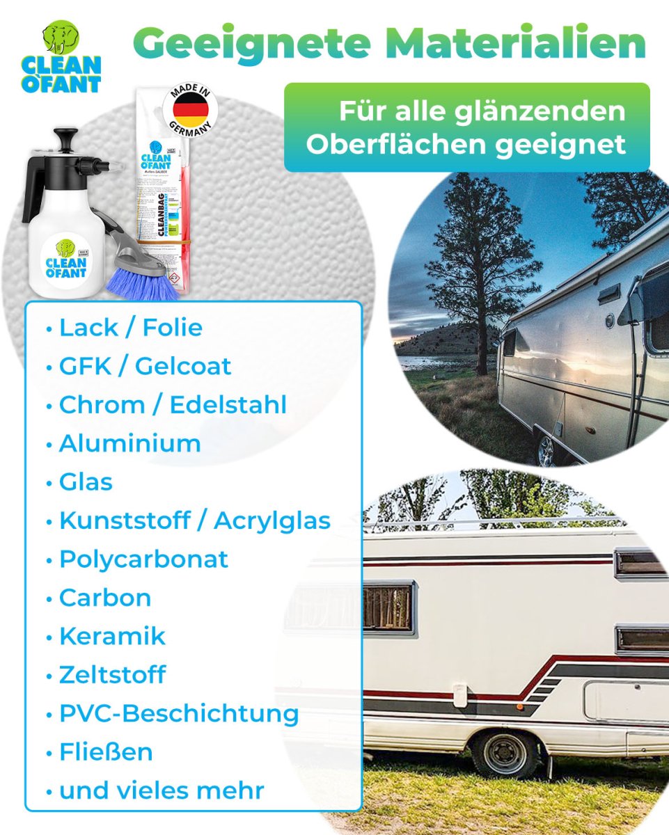 Außen - SAUBER SET (Wohnwagenreiniger / Wohnmobilreiniger) - entfernt schwarze Streifen, Insekten, Straßen - & Umweltschmutz, Vermoosungen uvm. - CLEANOFANT