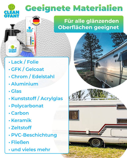 Außen - SAUBER SET (Wohnwagenreiniger / Wohnmobilreiniger) - entfernt schwarze Streifen, Insekten, Straßen - & Umweltschmutz, Vermoosungen uvm. - CLEANOFANT