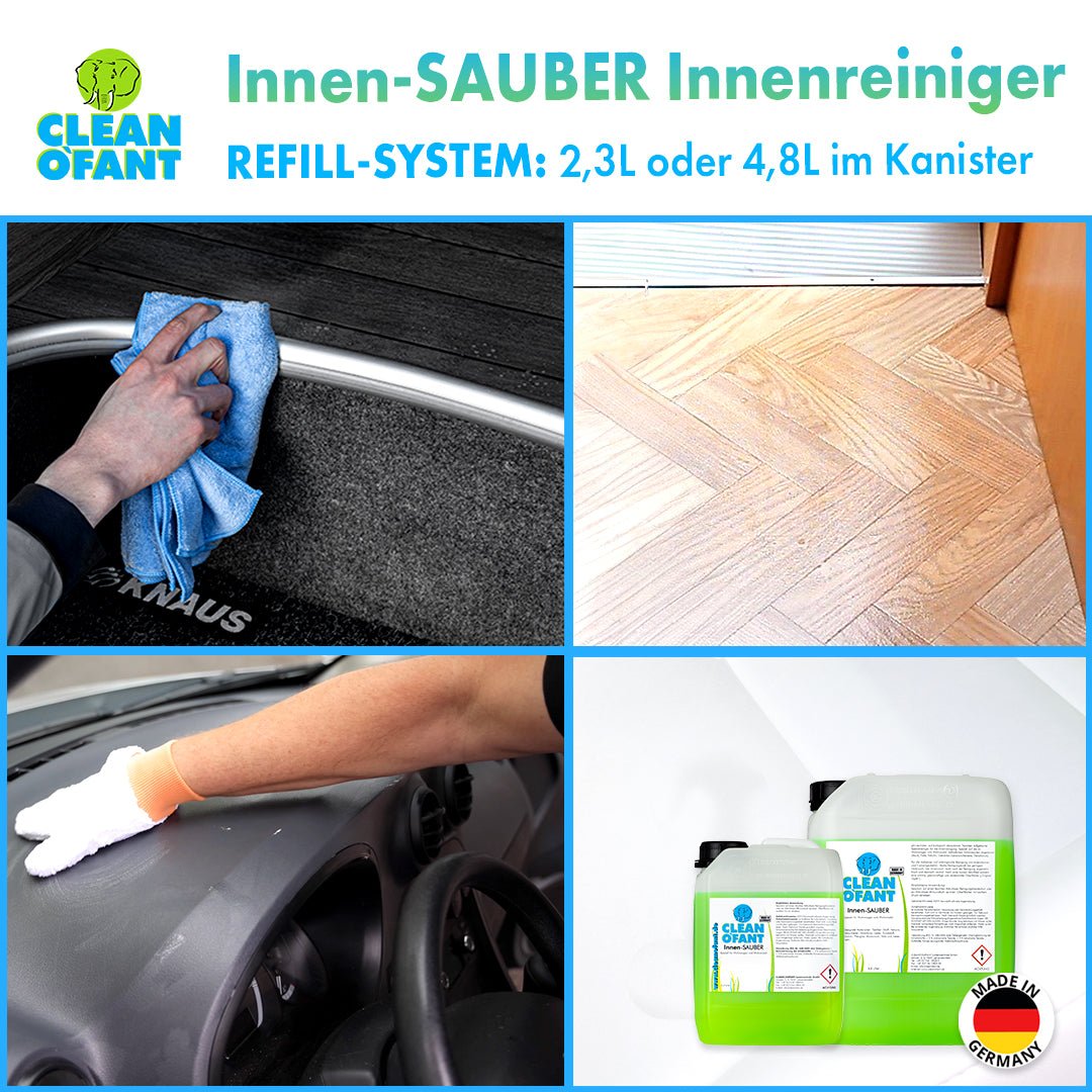 Innen - SAUBER Innenraum - Reiniger pH - 7 (neutral) - 4,8 Liter entfernt Staub, Fette, Nikotin, Getränke - und Lebensmittelreste, Tierschmutz uvm. (Caravan / Wohnwagen / Wohnmobil) - CLEANOFANT