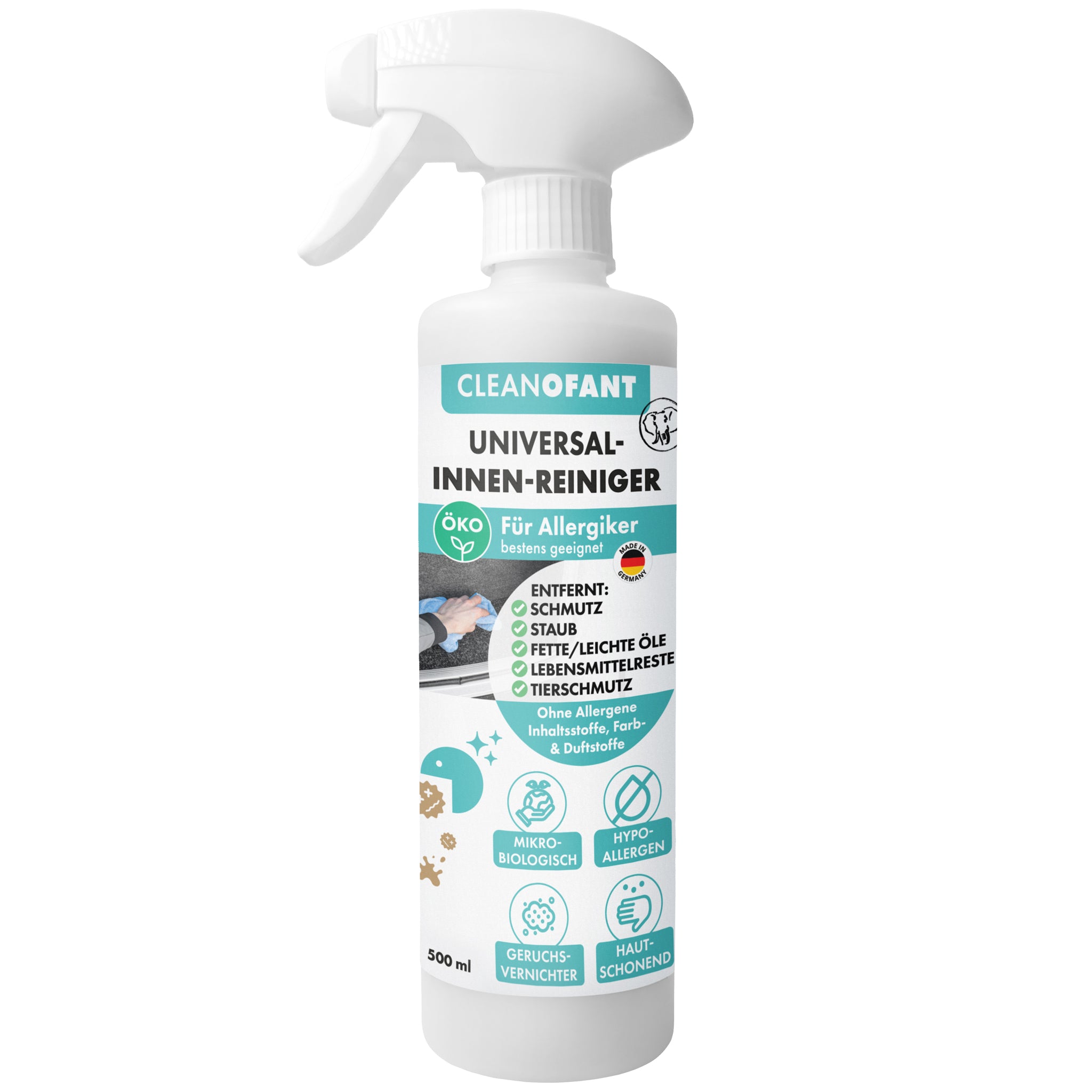 Limpiador microbiológico universal de interiores para alérgicos: 500 ml elimina polvo, grasa, aceites ligeros, residuos de cosméticos, restos de bebidas y alimentos, suciedad de mascotas y mucho más. (Caravana/Casa rodante)
