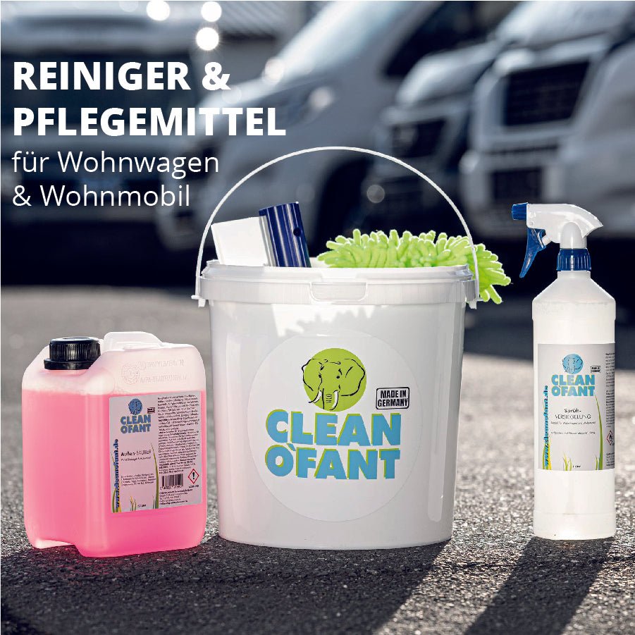 Camper Reinigung & Versiegelung Set (Wohnwagenreiniger / Wohnmobilreiniger) inkl. Waschzubehör & Wasch - Eimer mit Deckel - CLEANOFANT