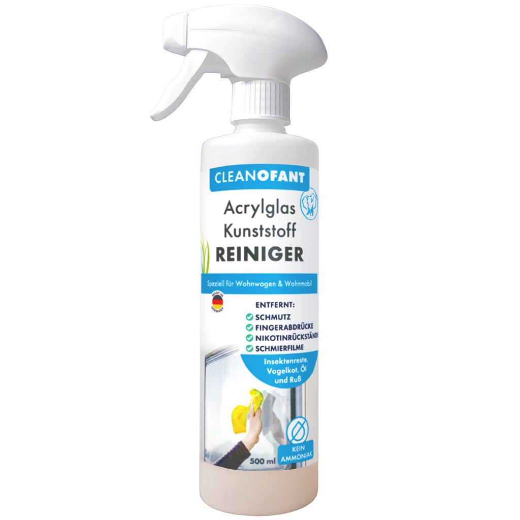 Acrylglas - SAUBER (Reiniger) - 500 ml entfernt mühelos und schonend Schmutz, Fingerabdrücke, Nikotinrückstände uvm. geeignet für Caravan Wohnwagen Wohnmobil Fenster Außen - & Innen + 1 x Mikrofasertuch GELB - CLEANOFANT
