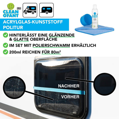 Acrylglas - Kunststoff - POLITUR Set (Handpolitur) (Caravan / Wohnwagen / Wohnmobil Fenster Kratzer entfernen polieren) - CLEANOFANT