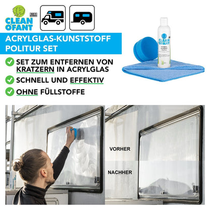 Acrylglas - Kunststoff - POLITUR Set (Handpolitur) (Caravan / Wohnwagen / Wohnmobil Fenster Kratzer entfernen polieren) - CLEANOFANT