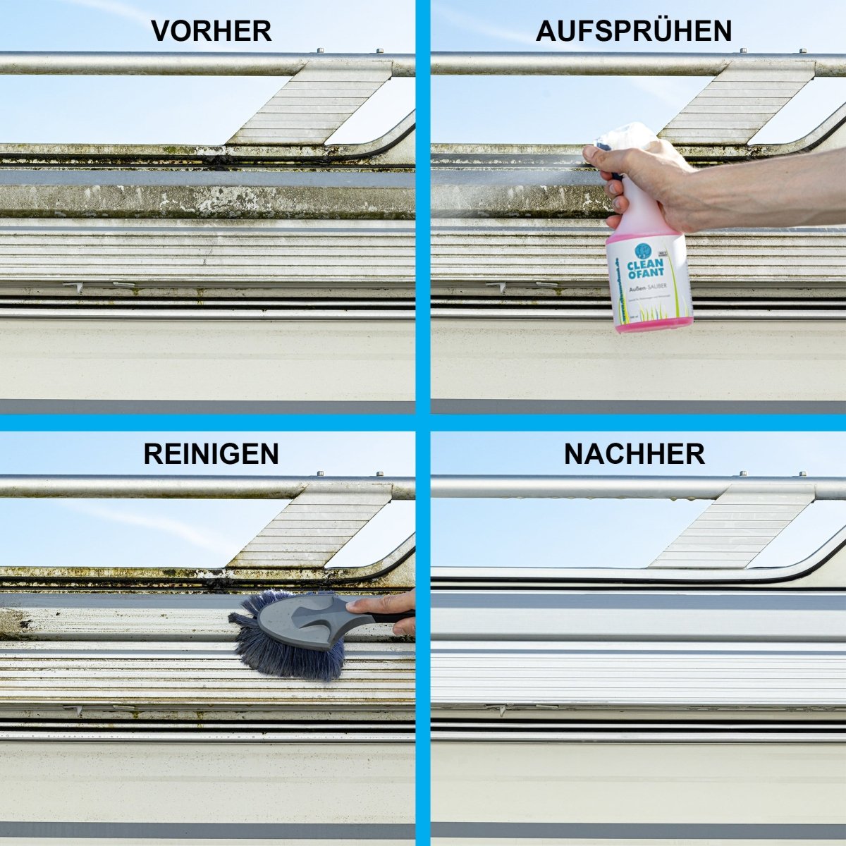 Außen-SAUBER 500 ml (Wohnwagenreiniger / Wohnmobilreiniger) - entfernt schwarze Streifen, Insekten, Straßen- & Umweltschmutz, Vermoosungen uvm.