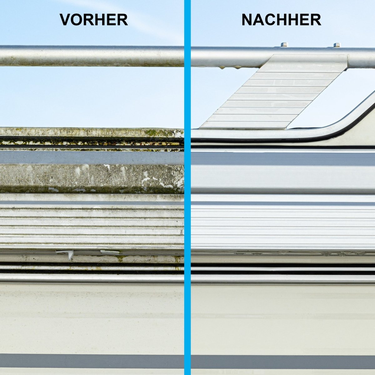 Außen - SAUBER SET (Wohnwagenreiniger / Wohnmobilreiniger) - entfernt schwarze Streifen, Insekten, Straßen - & Umweltschmutz, Vermoosungen uvm. - CLEANOFANT