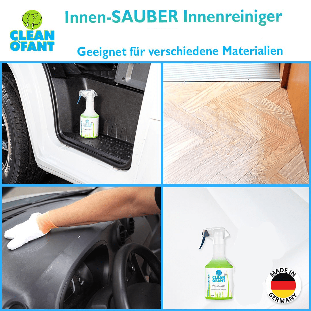 Innen - SAUBER Innenraum - Reiniger pH - 7 (neutral) - 500 ml entfernt Staub, Fette, Nikotin, Getränke - und Lebensmittelreste, Tierschmutz uvm. (Caravan / Wohnwagen / Wohnmobil) - CLEANOFANT