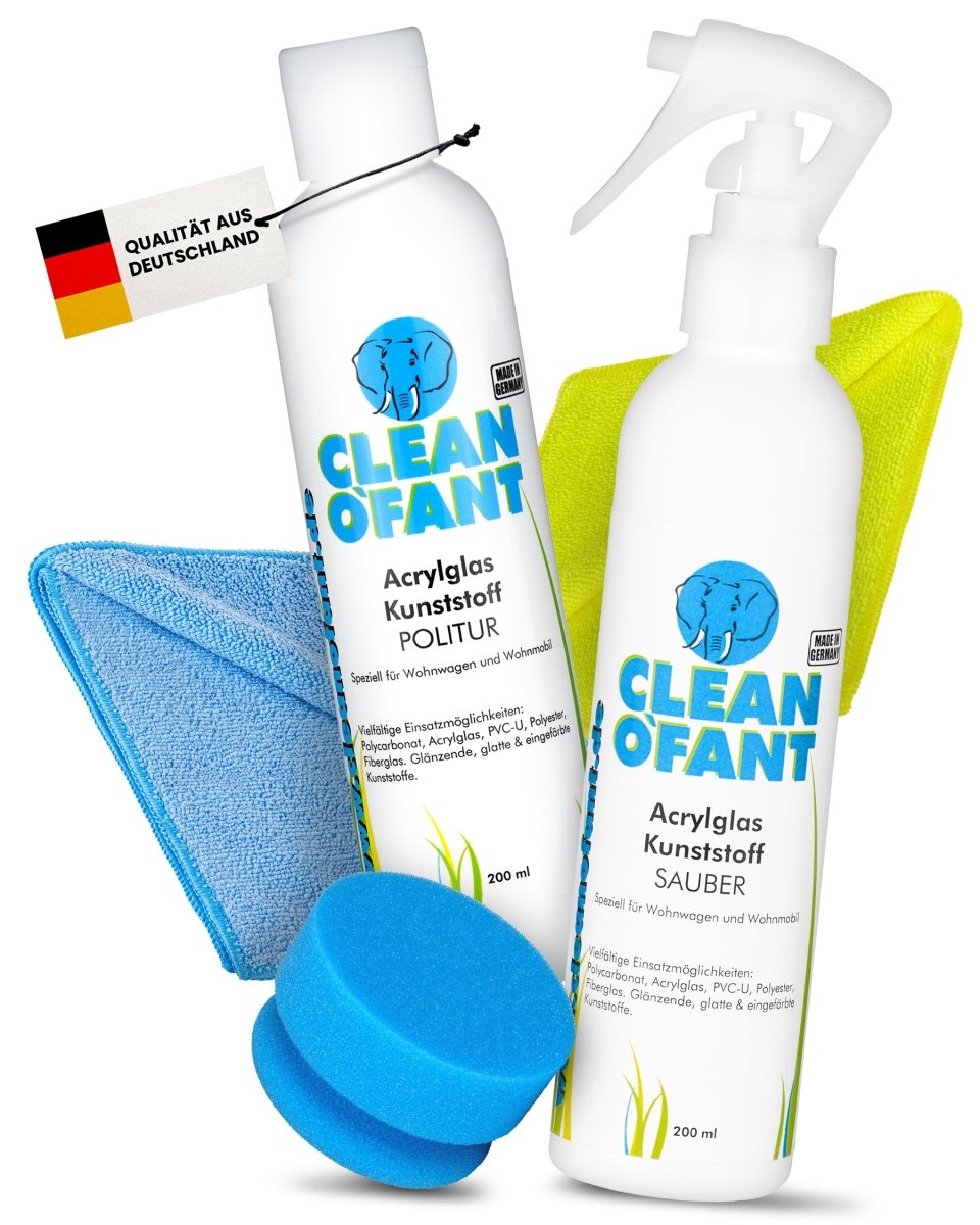 Acrylglas - Kunststoff - POLITUR (Handpolitur) & REINIGER Set (Caravan / Wohnwagen / Wohnmobil Fenster reinigen + Kratzer entfernen polieren) - CLEANOFANT