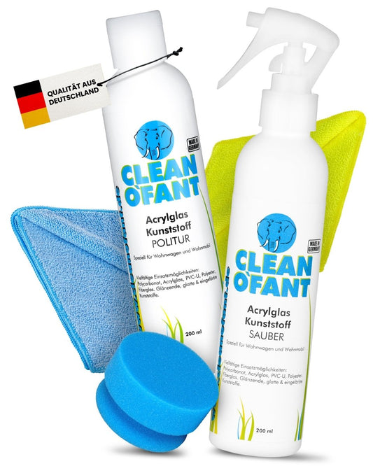 Acrylglas - Kunststoff - POLITUR (Handpolitur) & REINIGER Set (Caravan / Wohnwagen / Wohnmobil Fenster reinigen + Kratzer entfernen polieren) - CLEANOFANT