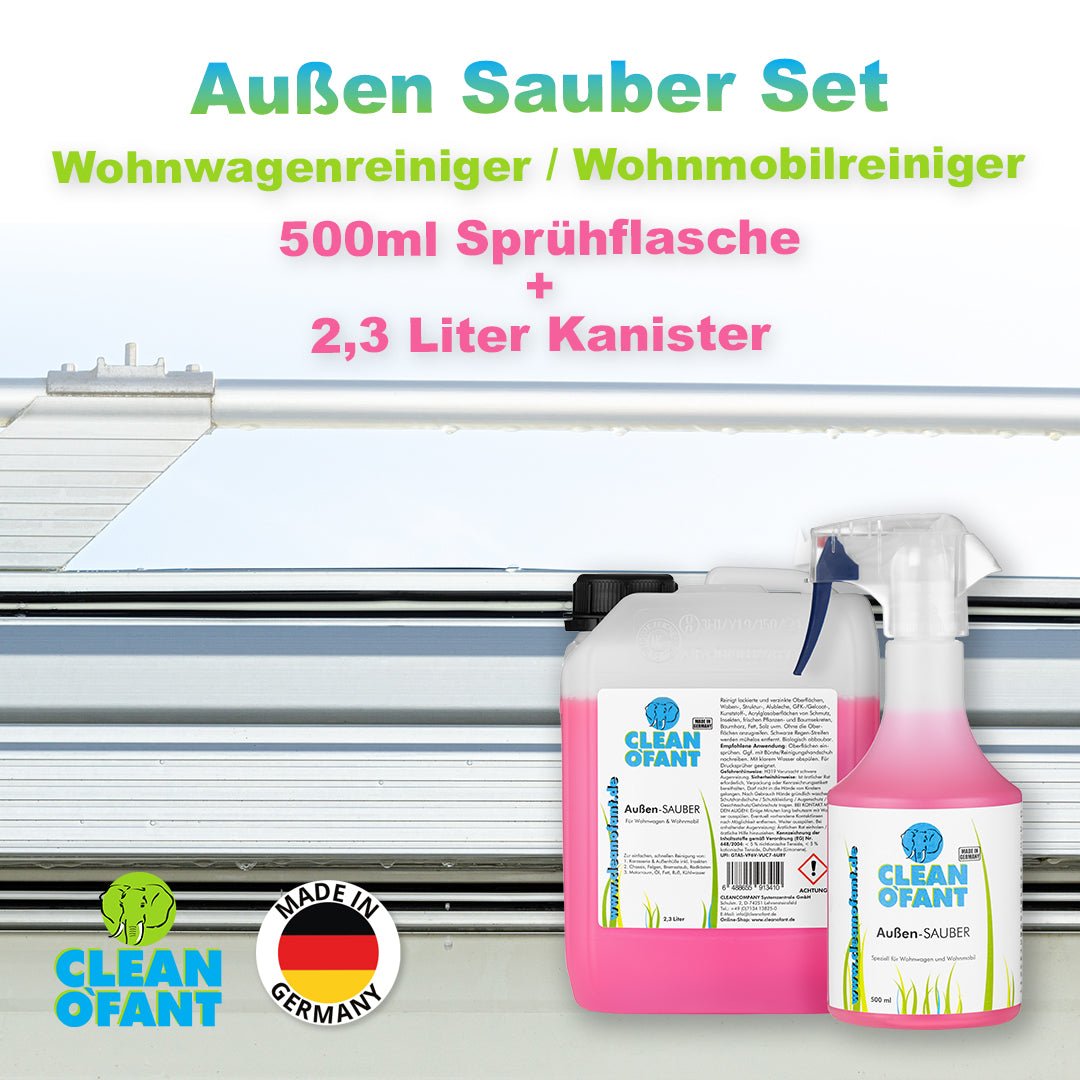 Außen Sauber 2,3L + 500ml Set (Wohnwagenreiniger / Wohnmobilreiniger) - entfernt schwarze Streifen, Insekten, Straßen - & Umweltschmutz, Vermoosungen uvm. - CLEANOFANT