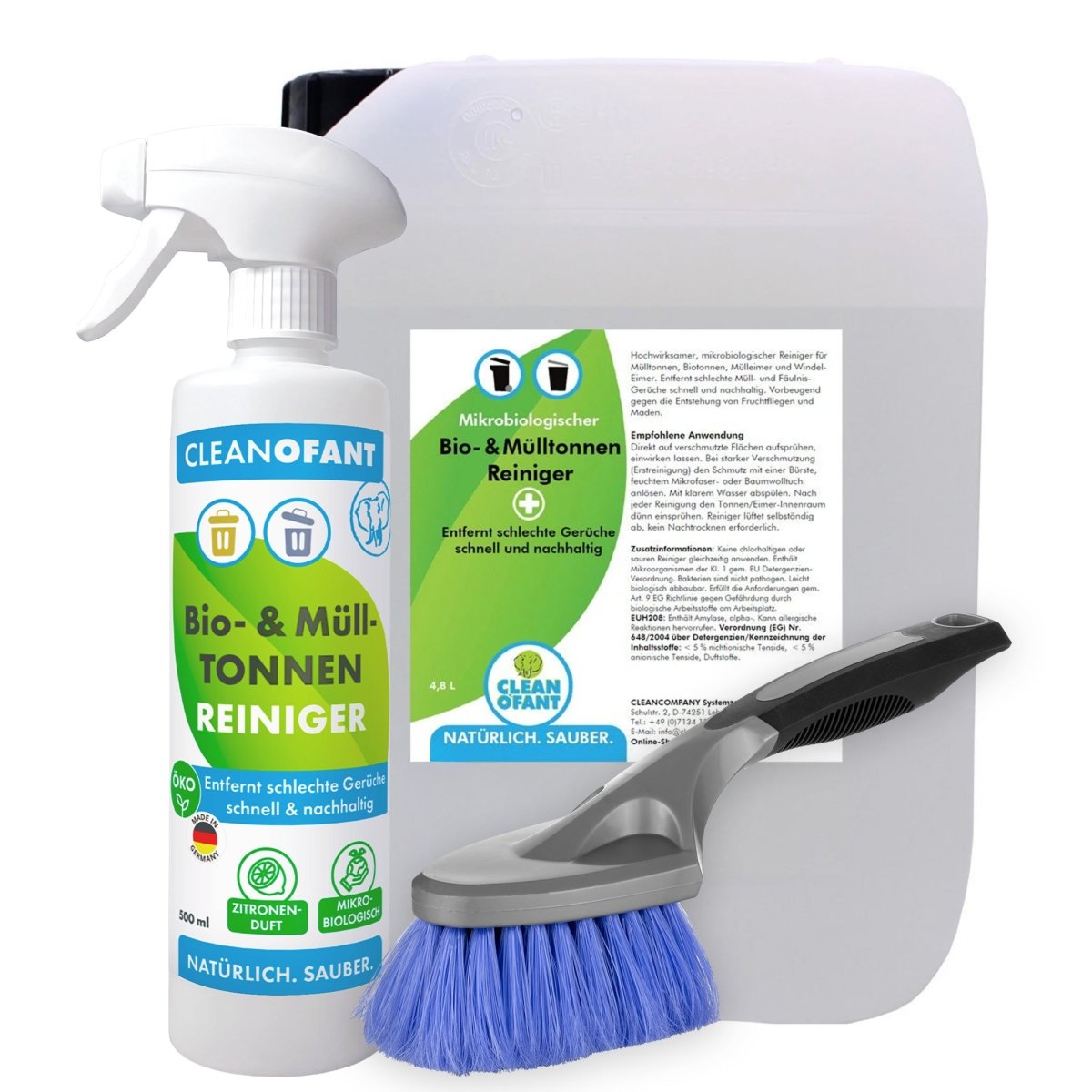 Bio - & Mülltonnen - Reiniger (gebrauchsfertig) 4,8 L + 500 ml Sprühflasche leer + Reinigungs - Bürste - CLEANOFANT
