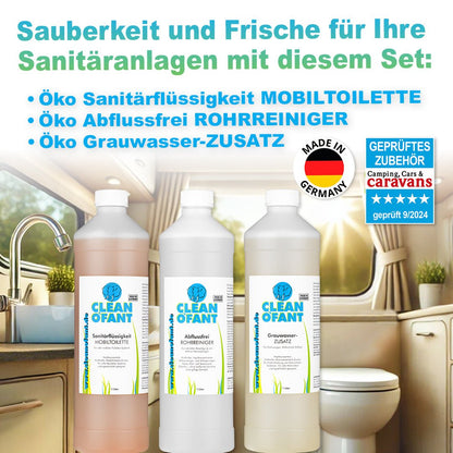 Öko - Sanitärflüssigkeit MOBILTOILETTE + Öko - Grauwasser - ZUSATZ + Öko - Abflussfrei ROHRREINIGER Set - CLEANOFANT