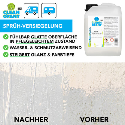 CLEANOFANT Sprüh-VERSIEGELUNG im Set mit der 1L Sprühflasche und dem 2,3 Liter Kanister: Die Innovation für strahlenden Glanz. Aufsprühen, Abspülen, Versiegelt.  Träumst du von einem blitzsauberen und glänzenden Wohnwagen oder Wohnmobil, ohne stundenlang zu schrubben und polieren? Dann ist die CLEANOFANT Sprüh-VERSIEGELUNG die Antwort auf deine Wünsche!