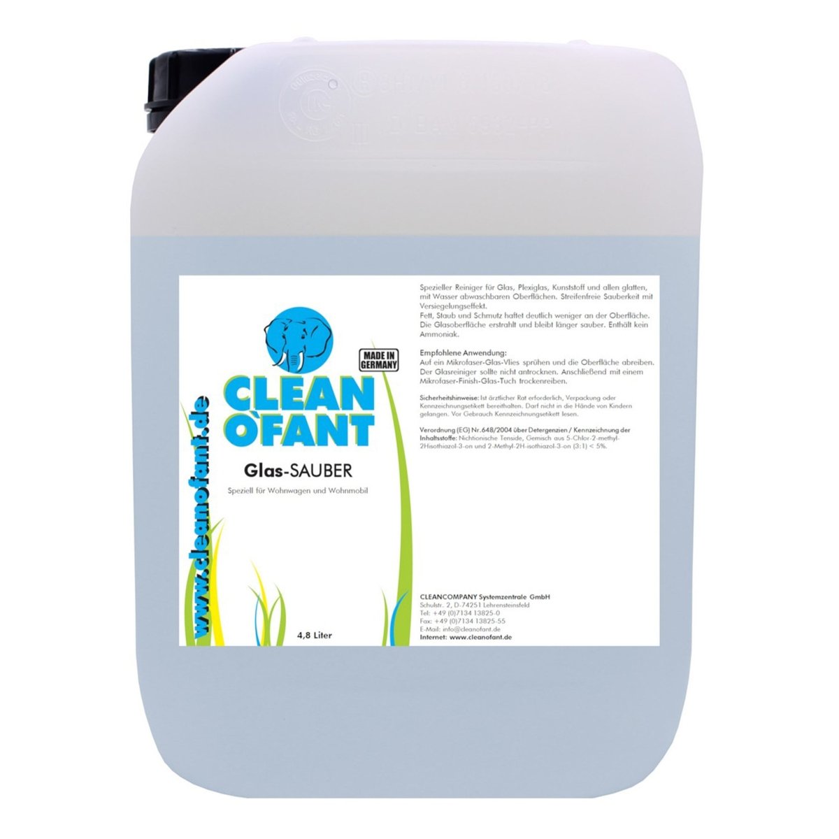 CLEANOFANT Glas-SAUBER (Glasreiniger) 4,8 Liter für Wohnwagen, Wohnmobil, Caravan, Haushalt