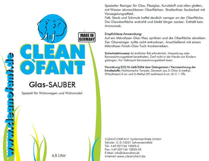 CLEANOFANT Glas-SAUBER (Glasreiniger) 4,8 Liter für Wohnwagen, Wohnmobil, Caravan, Haushalt